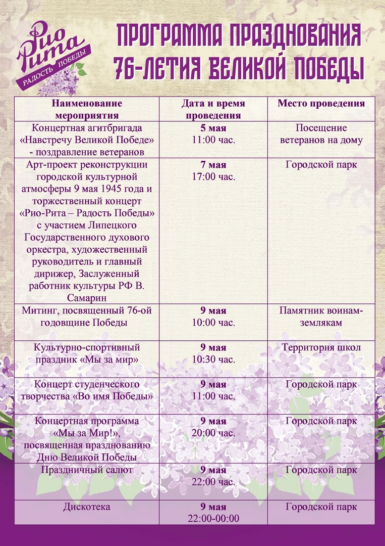 ПЛАН МЕРОПРИЯТИЙ,  ПОСВЯЩЕННЫХ 76-ЛЕТИЮ ВЕЛИКОЙ ПОБЕДЫ